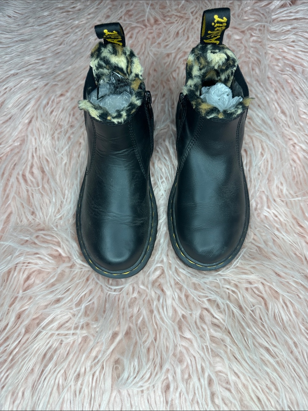 Dr. Martens Black Leather Ankle Boots with Leopard Fur Collar